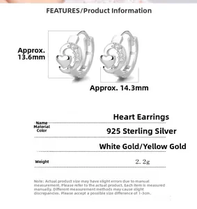 Detailansicht der 925er Sterling Silber Herz-Ohrringe mit Abmessungen und Gewicht