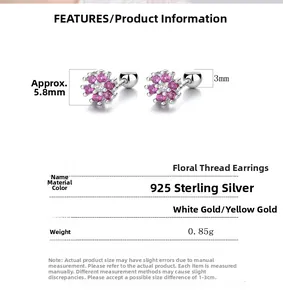 Detalles y medidas del pendiente de flor en plata 925 con circonitas en rosa