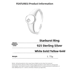 Macro view of 925 sterling silver starburst ring with adjustable open band and zircon