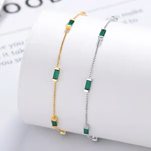 925 Sterling Silver Green Square Rhinestone Bracelet For Women Minimalist Box Chain Geometric Stone Jewelry Wrist Gift