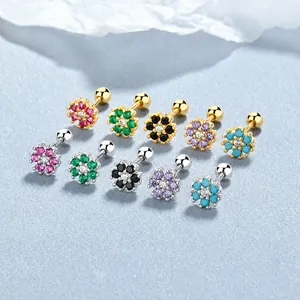 Pendientes de Botón de Plata de Ley 925 con Flores de Circonia Colorida para Mujer Pequeños Pendientes de Rosca de Flores Joyería de Moda