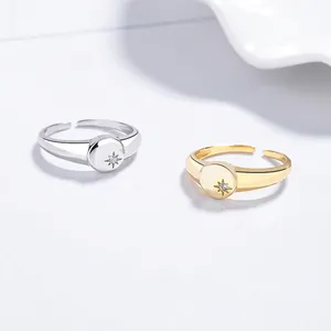 925 Sterling Silver Starburst Adjustable Ring Rhinestone Minimalist Round Coin Jewelry Finger Ring For Women Accessories