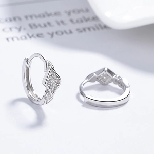 Elegant 925 sterling silver geometric rhombus hoop earrings with sparkling pave zircon stones
