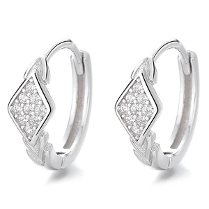 Elegant 925 sterling silver hoop earrings featuring diamond-encrusted rhombus patterns