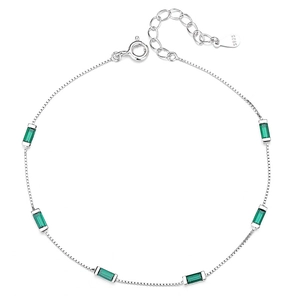925 sterling silver box chain bracelet with rectangular emerald green cubic zirconia