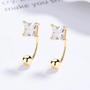 Minimalist 925 sterling silver gold earrings with square zircon and spherical drops