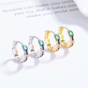 Pendientes de aro cadena de plata S925 con esmalte colorido en acabado oro y plata