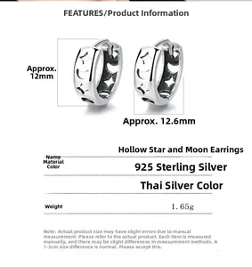 Detailed size chart for 925 sterling silver hollow star moon earrings with Thai finish