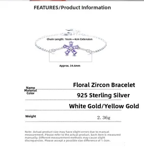 Tabella tecnica del bracciale fiore in argento 925 con zircone viola e dimensioni