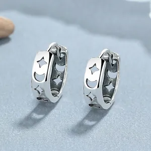 925 Sterling Silver Hollow Star Moon Hoop Earrings For Women Fashion Vintage Thai Silver Celestial Huggie Earrings Jewelry Birthday Gift