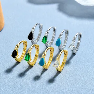 Orecchini a cerchio intrecciati a goccia in oro e argento con pietre colorate