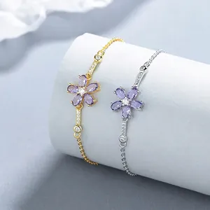 Bracciale a Fiore in Zirconia Viola in Argento Sterling 925 per Donna Catena Regolabile Dolce Gioielli di Moda Accessori Eleganti