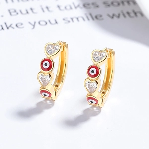 Boucles d'oreilles cœur mauvais œil en argent 925 avec zircone et émail rouge