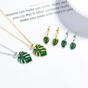 925 Silber Monstera Blatt Schmuckset mit grünem Emaille Halskette und Ohrringen
