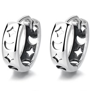 925 silver star and moon hollow earrings featuring a vintage celestial hoop design