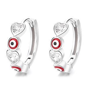 Boucles d'oreilles créoles cœur en argent 925 avec œil maléfique rouge et zircon
