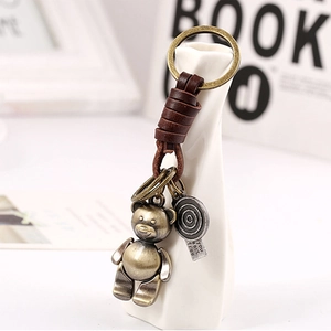 Retro bronze metal bear keychain with braided leather strap for car and bag accessories