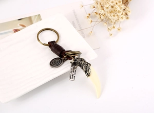 Macro detail of punk leather keychain featuring a metallic wolf head and resin fang pendant