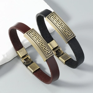 Retro leather bracelets with engraved Greek meander patterns and bronze metal clasps
