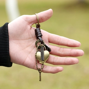Vintage men's genuine leather keychain with heart charm and engraved bronze metal plate