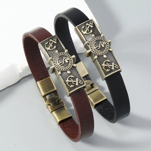 Retro nautical leather bracelets with antique bronze anchor and helm metal charms