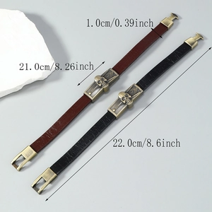 Bracelet cuir homme tête de mort en noir et marron avec pendentifs en bronze vintage
