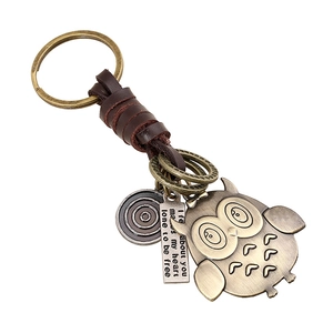 Vintage Braided Cowhide Leather Keychain Bronze Alloy Owl Pendant Retro Punk Bag Hanging Charm Key Ring For Men Women