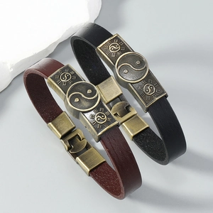 Retro leather Tai Chi bracelet set with bronze alloy charms and Yin Yang symbol