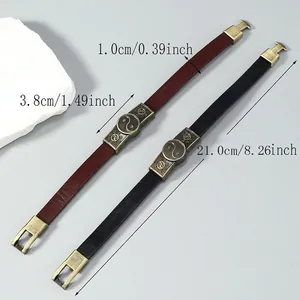 Yin Yang Tai Chi leather bracelet with alloy accents and size chart measurements