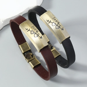 Vintage leather couple bracelet with Love engraving and heart cupid arrow metal plate