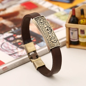 Retro brown leather bracelet with bronze metal plate featuring I Love U heart engraving