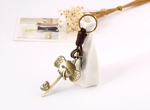 Retro bronze elephant leather keychain with woven strap and Love You engraving
