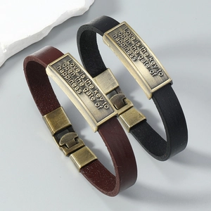 Retro leather bracelets with engraved bronze metal plates and folding metal clasps