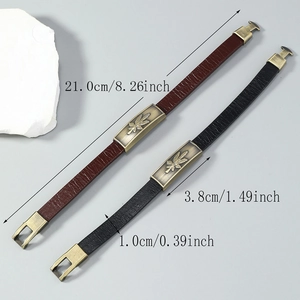 Vintage leather bracelet set with bronze maple leaf metal plate and magnetic buckle