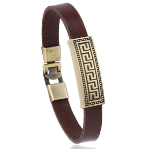 Vintage Cowhide Leather Bracelet For Men Women Alloy Greek Key Meander Pattern Punk Bangle Retro Handmade Jewelry Gift