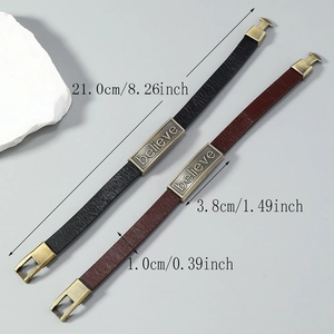 Vintage leather bracelet set with bronze believe charm in black and dark brown finish