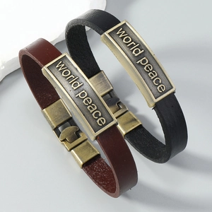 Retro leather bracelets in black and brown with world peace engraved metal plaque