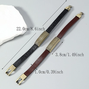 Pair of retro leather bracelets in black and brown with Greek key pattern metal plates