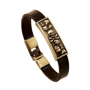 Vintage Punk Cowhide Leather Bracelet For Men Alloy Skull Crossbone Charm Wrap Biker Bracelet Retro Gothic Jewelry Gift