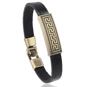 Vintage unisex black leather bracelet with Greek key pattern bronze metal plate