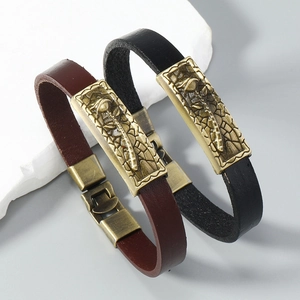 Bracelets en cuir rétro avec gravure de rose vintage en marron foncé et noir