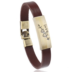 Vintage Unisex Cowhide Leather Alloy Bracelet Heart With Cupid Arrow Love Engraved Plate Retro Wristband Couple Jewelry
