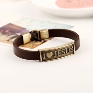 Bracelet vintage en cuir marron avec plaque en métal 'I ❤️ JESUS' et boucle