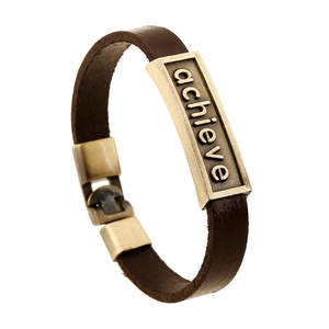 Vintage Genuine Cowhide Leather Bracelet For Men Women Achieve Lettering Engraved Alloy Plate Retro Punk Bangle Daily Jewelry Gift