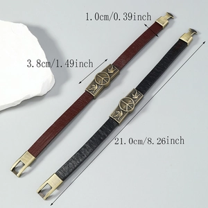 Retro leather peace sign bracelet with bronze metal charm for men and women