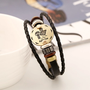 Aquarius zodiac multilayer braided leather bracelet with bronze metal charm and wood beads