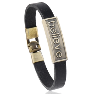 Vintage Cowhide Leather Bracelet With Believe Engraved Alloy Plate Retro Punk Style Motivational Unisex Wristband Jewelry
