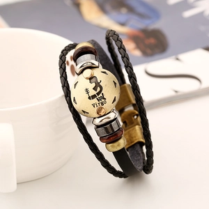 Multilayer leather Virgo zodiac bracelet with braided cords and vintage metal charm