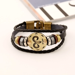 Handmade multilayer leather Aries zodiac bracelet with bronze charm and wooden beads