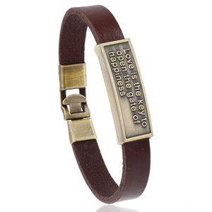 Retro Cowhide Leather Bracelet For Men Women Alloy Engraved Letter Happiness Quote Wristband Simple Fashion Jewelry Bangle